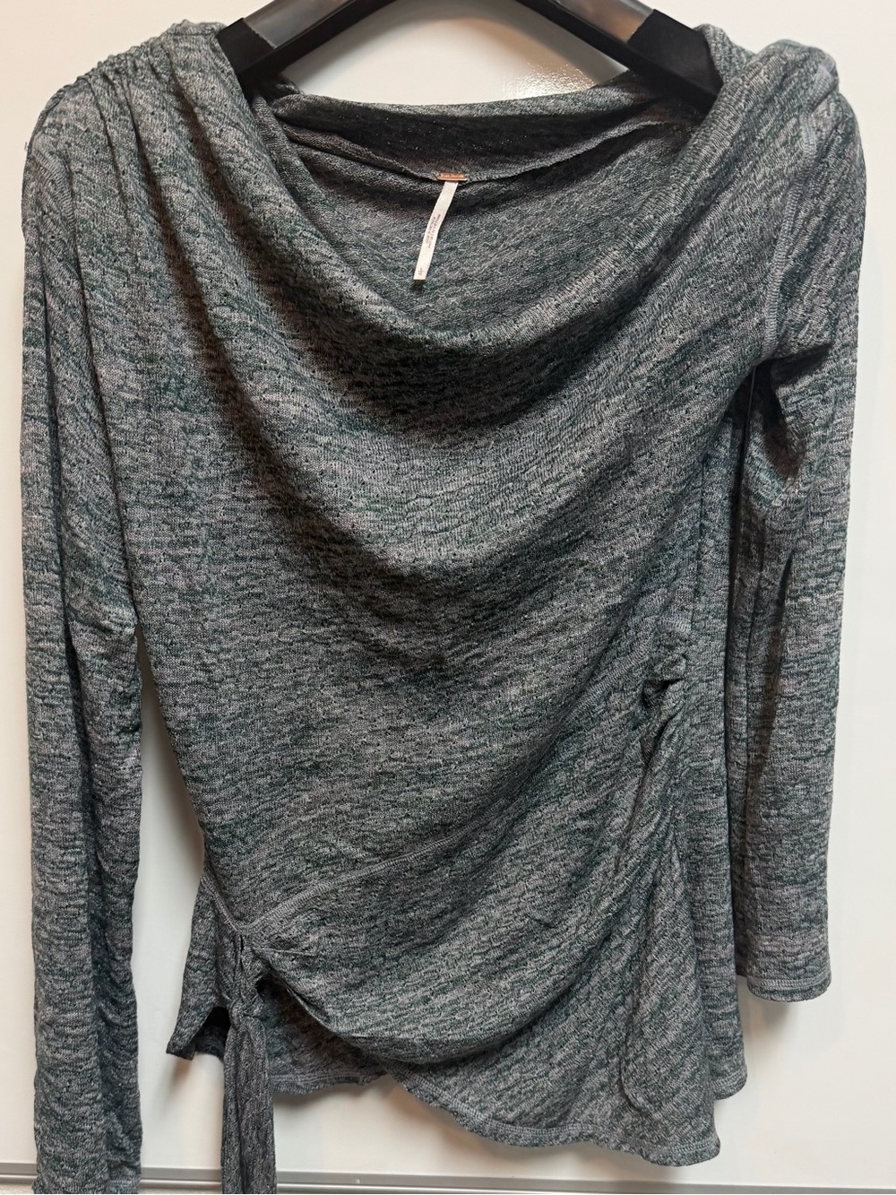 Free People Heather Grey Draped Long Sleeve Top with Side Tie